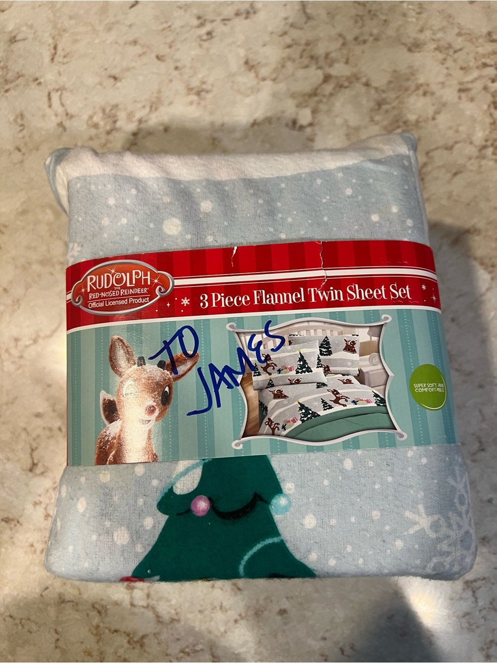 Rudolph 3-Piece Flannel Twin Sheet Set - Light Blue Snowflake & Holiday Tree